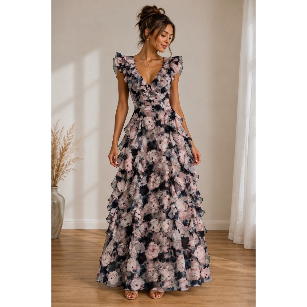 Joyfolie Floral Ruffle Maxi Dress Pink Boho Whimsical Rose V-Neck Gown Small